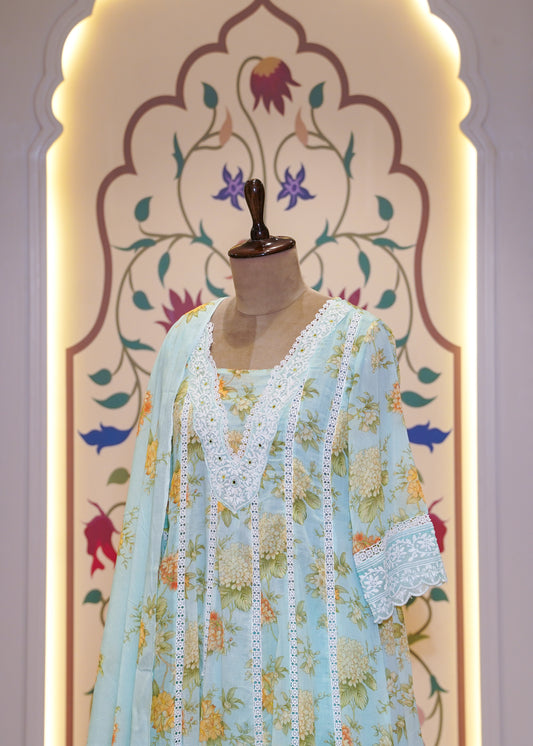 Sea Green Cotton Printed A Line 3 pc Kurti Set with Thread Embroidery