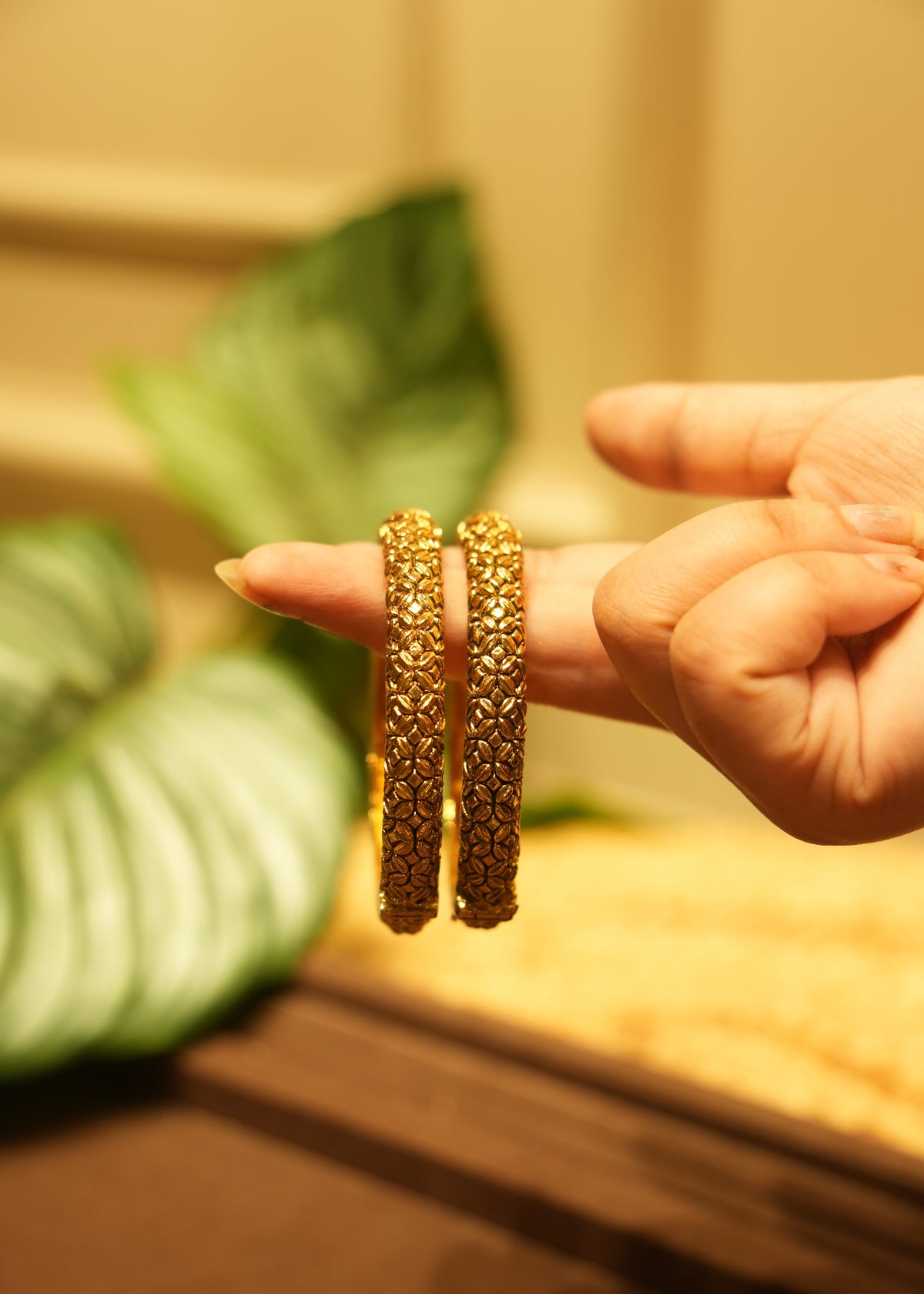 Zohra Carved Floral Gold Kada Bangle Pair