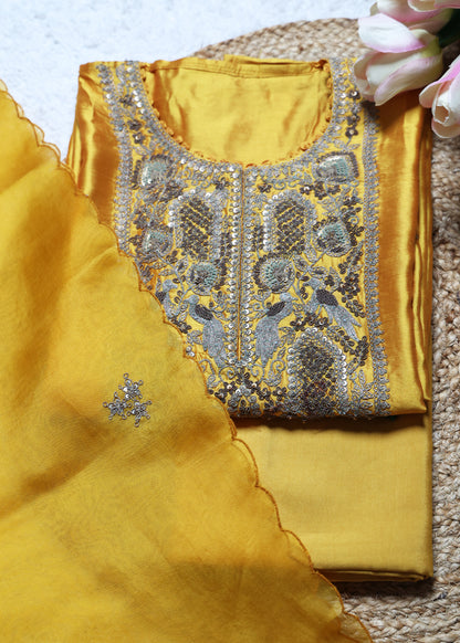 Peela Phool French knot Handcrafted Unstitched Suit Set