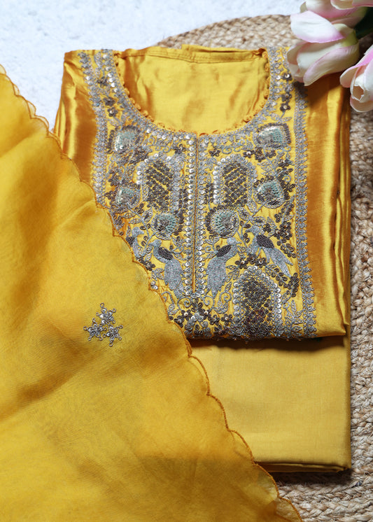 Peela Phool French knot Handcrafted Unstitched Suit Set