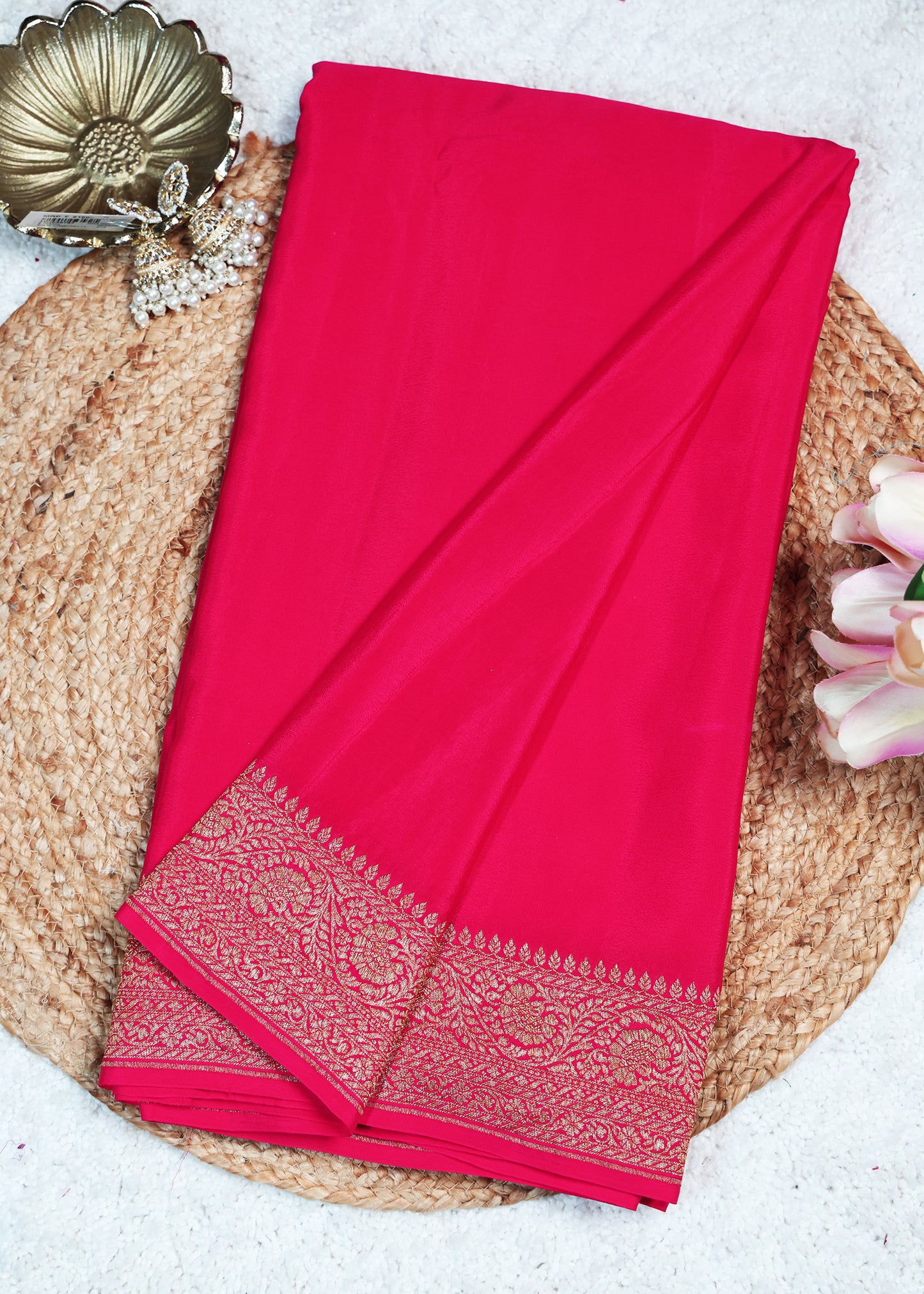 Deeya Plain Pink Banarasi Pure Crepe Saree with Unstitched Blouse