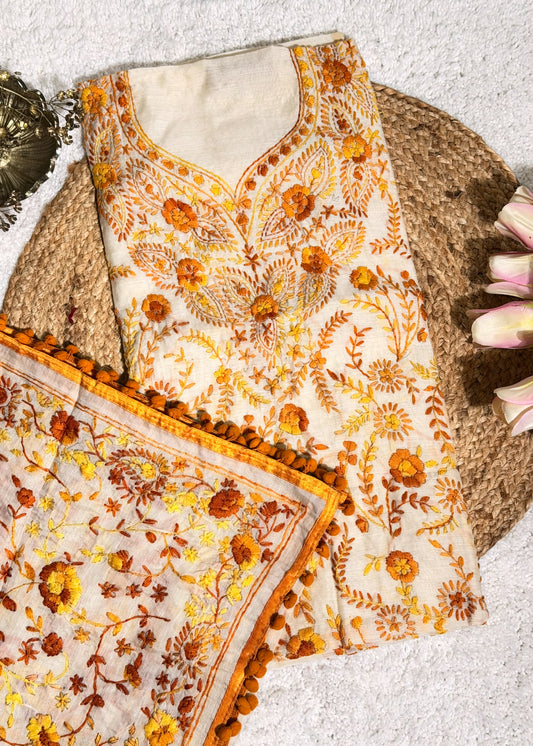 Ivory Chanderi with Yellow Kantha Embroidery Unstitched Suit Set