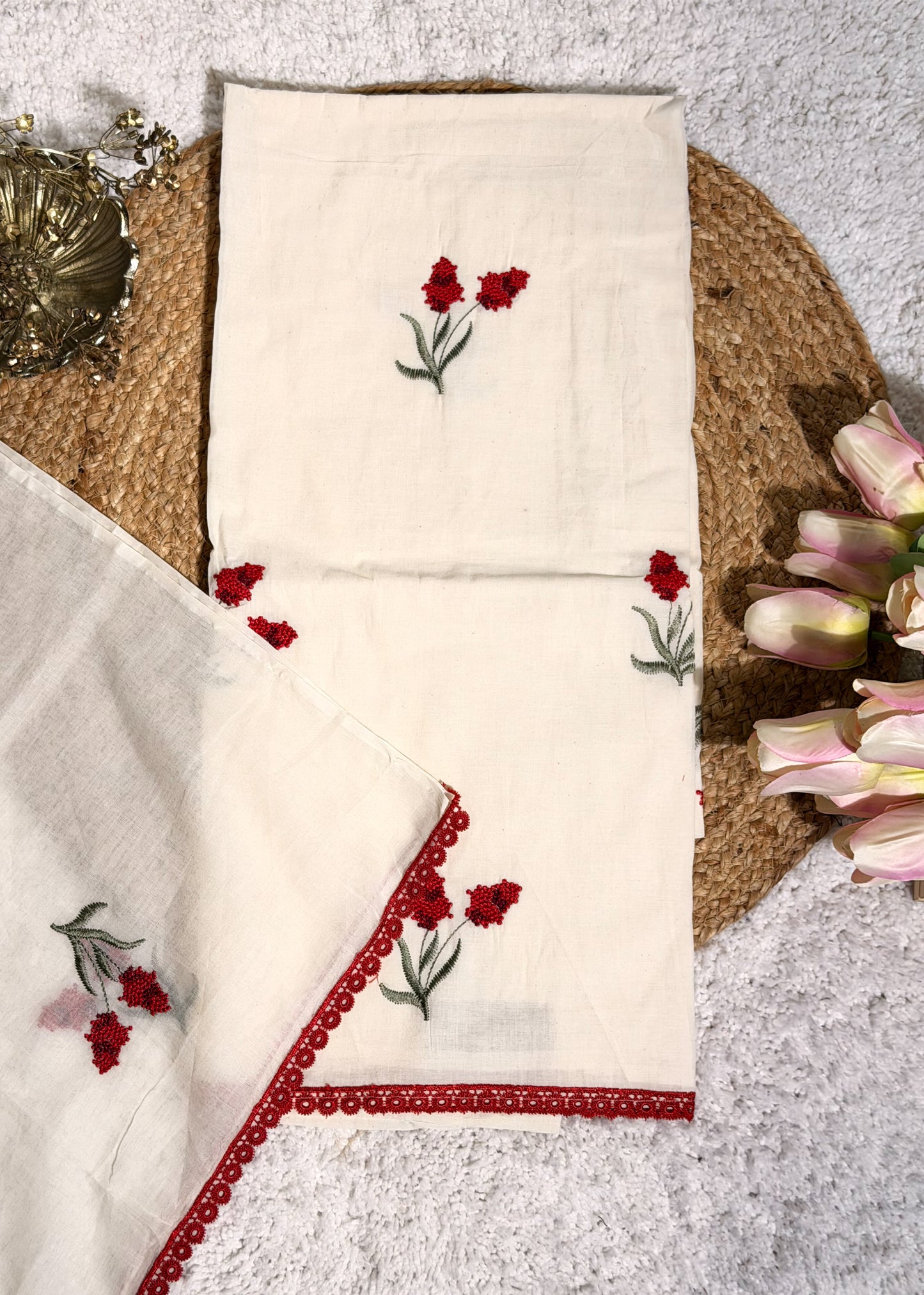 Ivory Mul Cotton Thread Embroidered Unstitched Suit Set