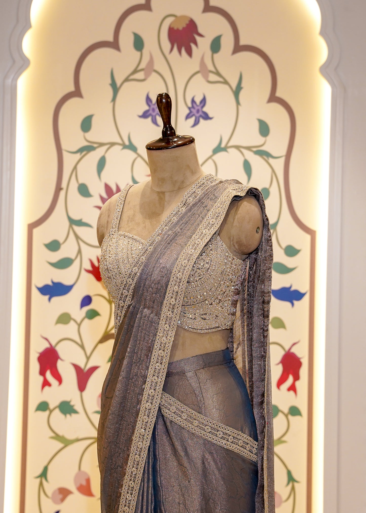 Dusty Grey Crush Tissue Drape Saree with Embroidered Blouse