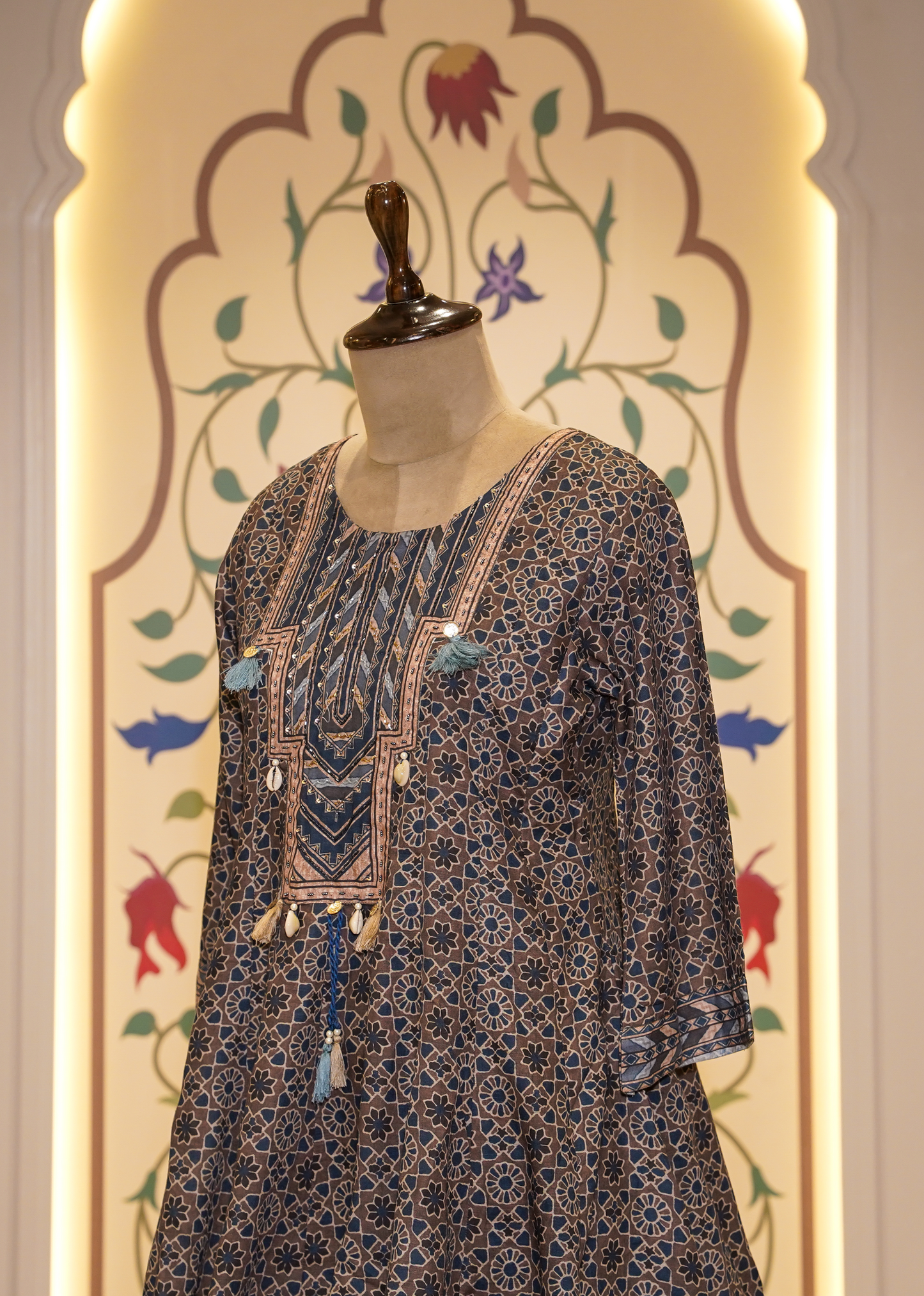 Brown & Blue Printed Peplum with Pants Co-ord set