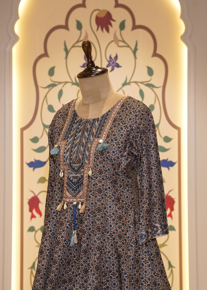 Brown & Blue Printed Peplum with Pants Co-ord set