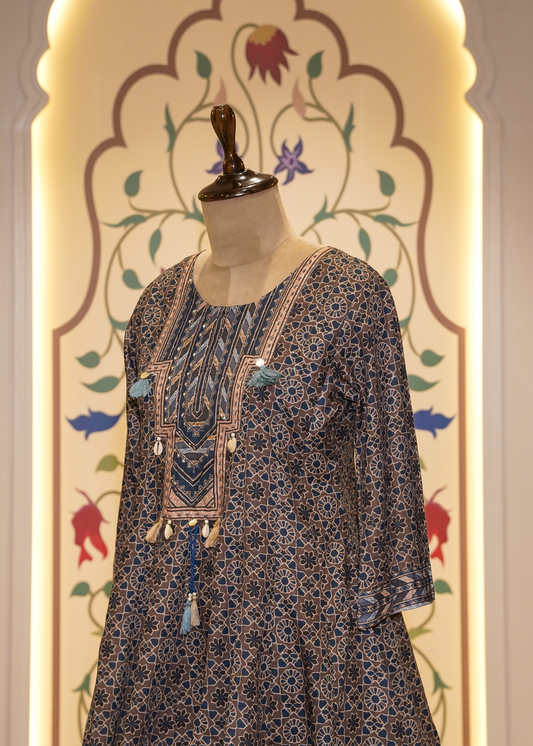 Brown & Blue Printed Peplum with Pants Co-ord set