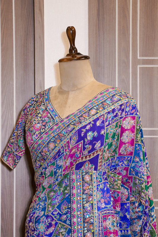 Blue Printed Zari Embroidered Designer Saree with Stitched Blouse