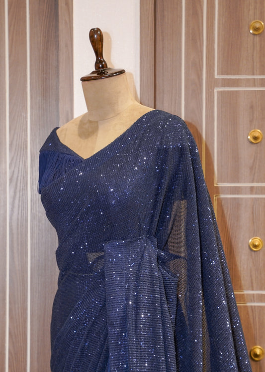 Midnight Blue Sequence Saree with Stitched Blouse