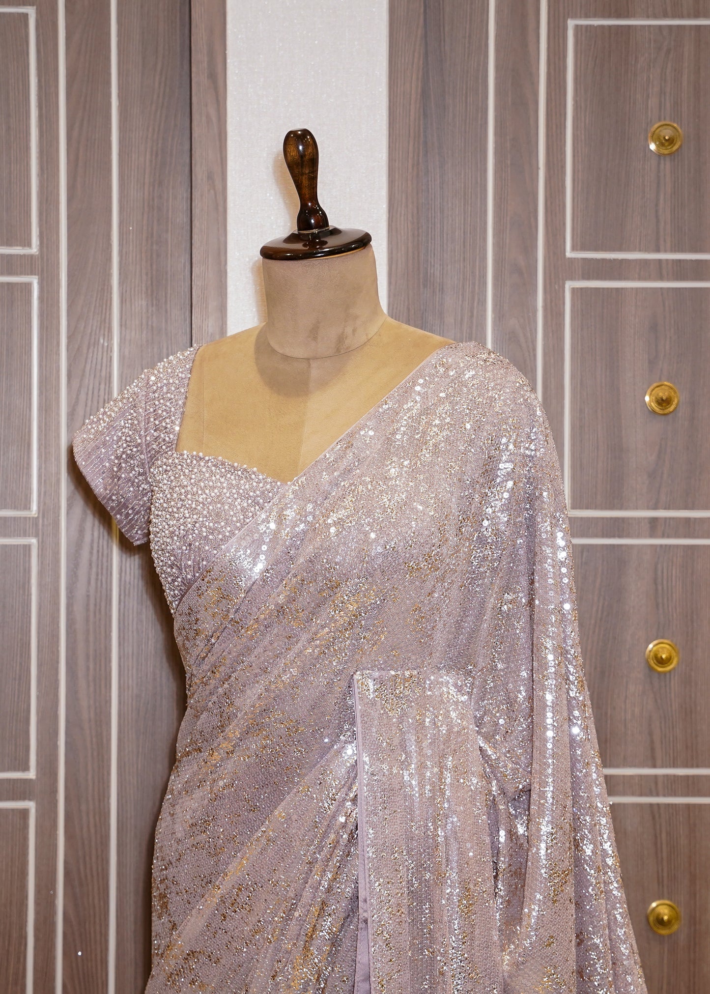Lavender Sequence Saree with Hand Embroidered Pletes and Stitched Blouse