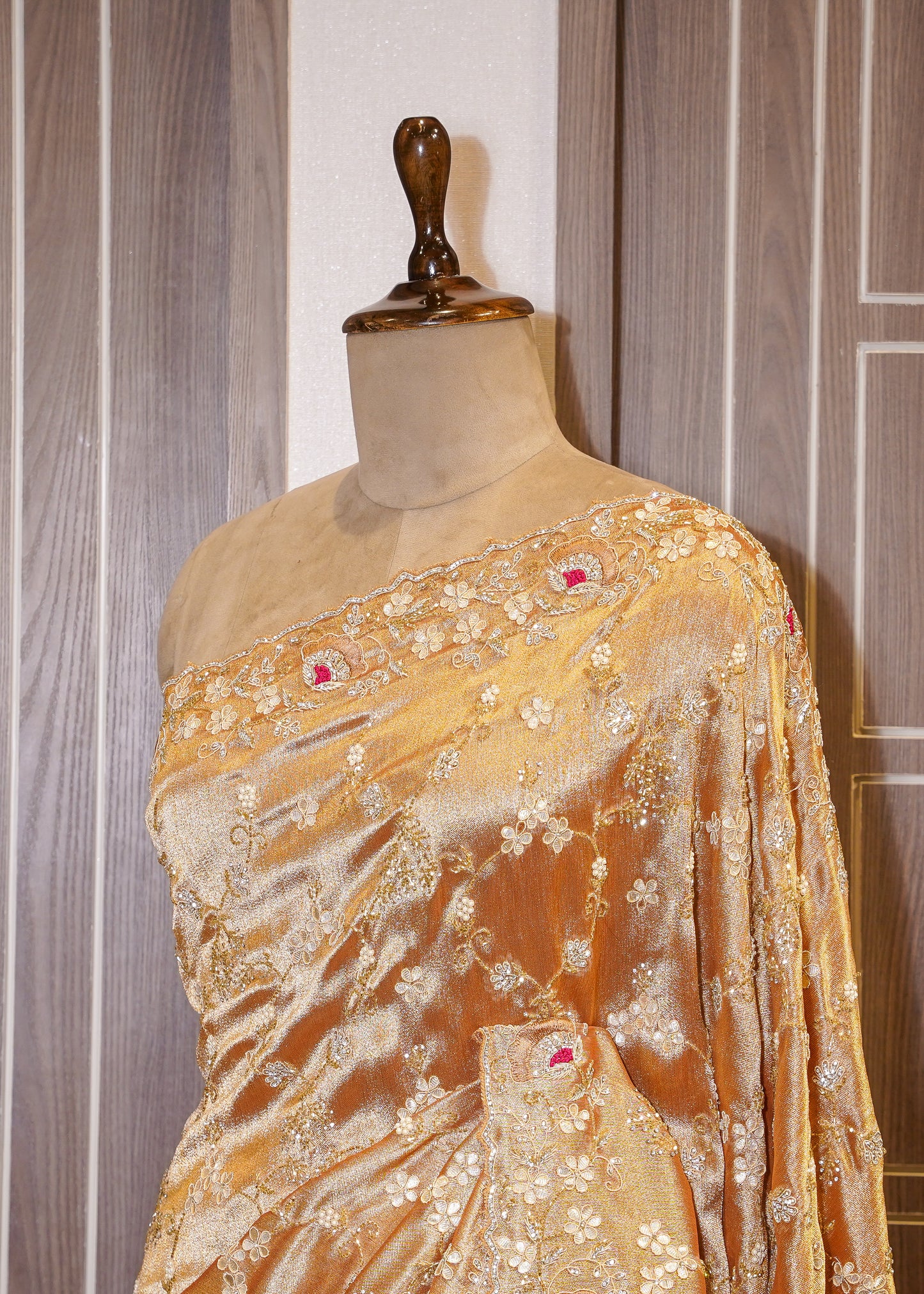 Golden Tissue Hand Embroidered Saree with Unstitched Blouse
