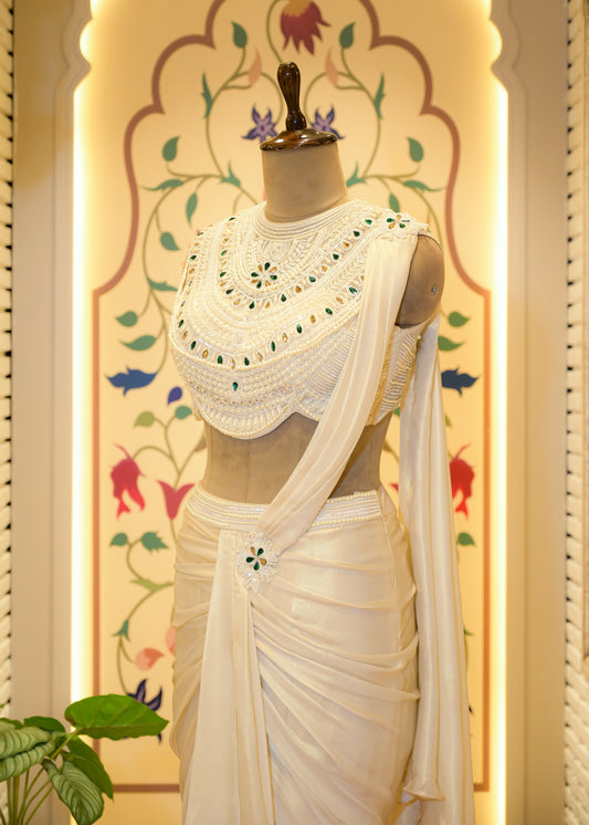Paari White Pearl Embroidered Pre Draped Saree