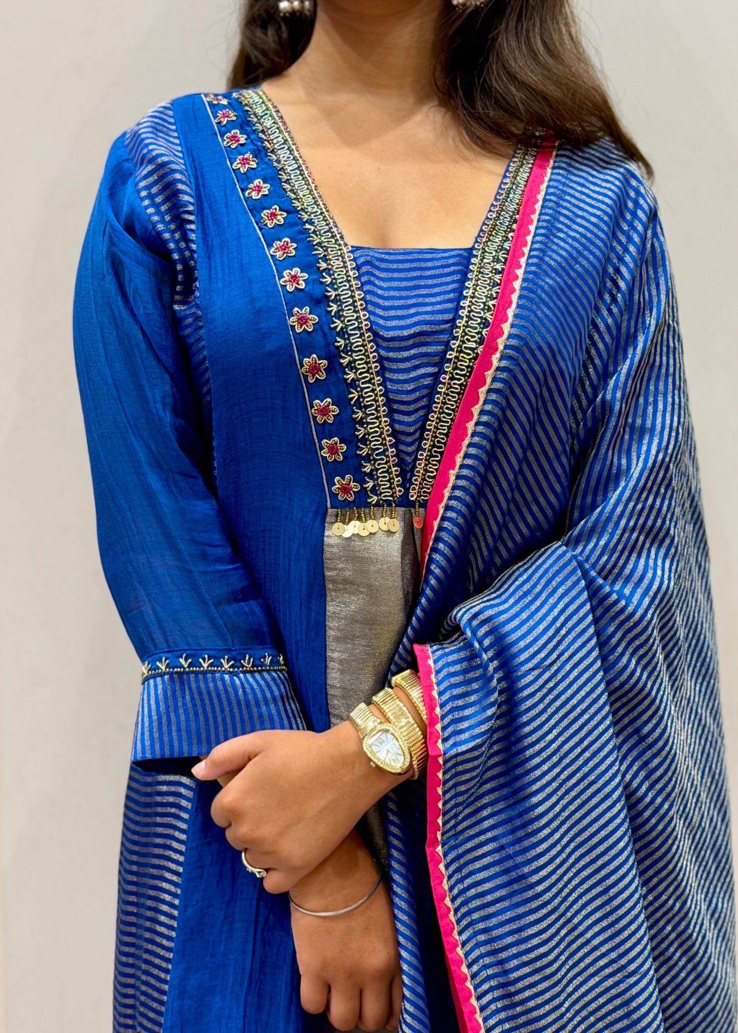 Electric Blue Mul Cotton Tissue Kurti Set