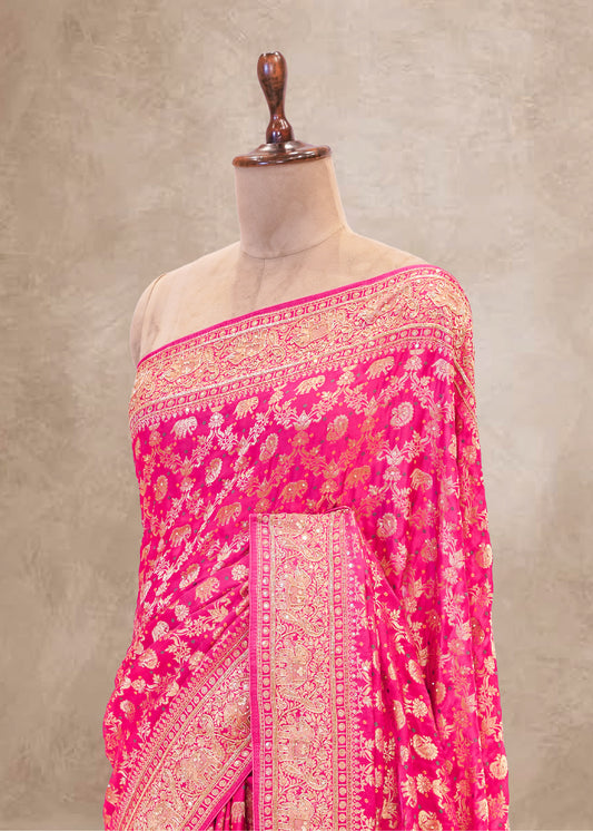 Rani Hand Embroidered Dola Silk Saree with Elephant Motifs and Unstitched Blouse
