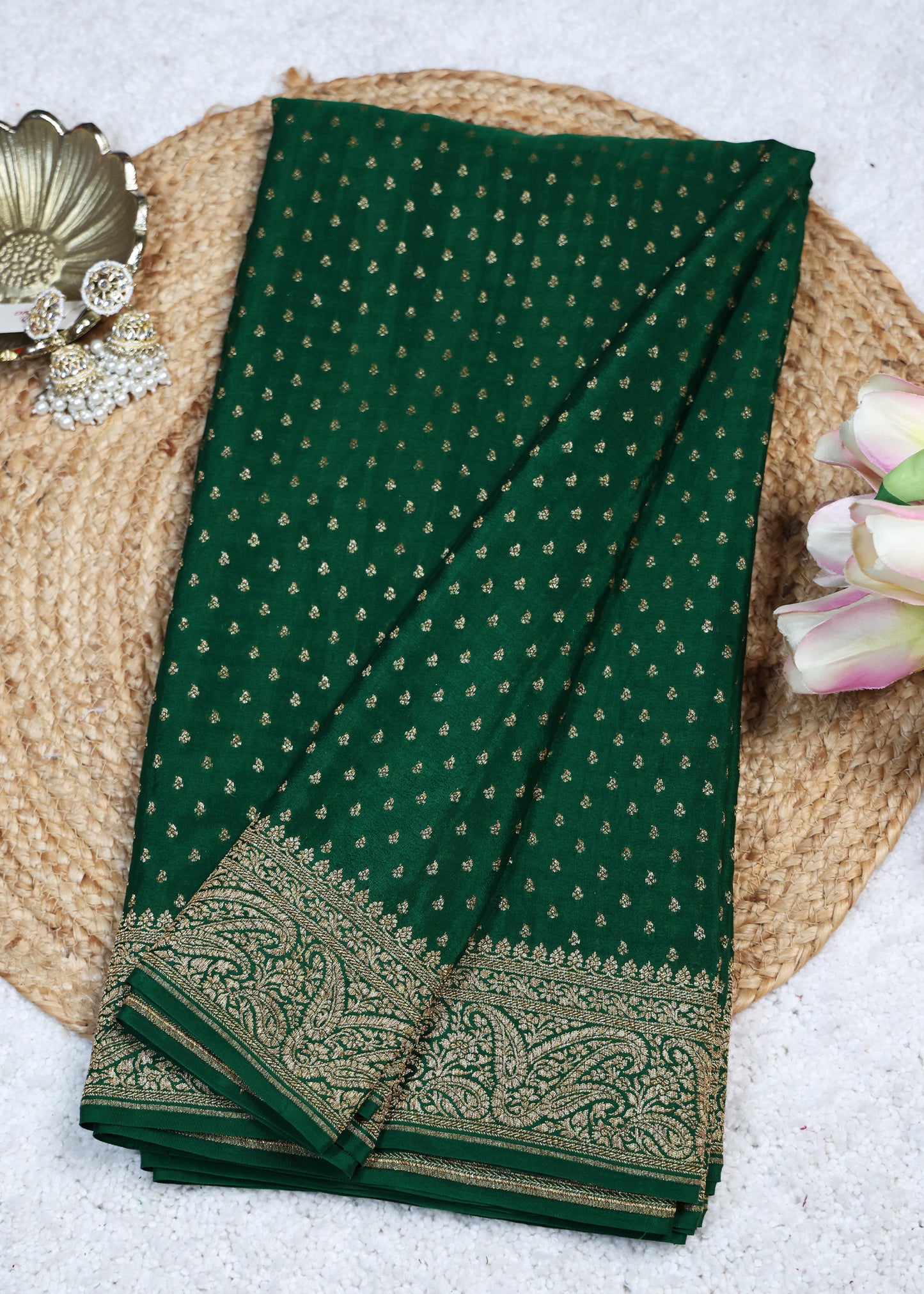 Tarini Green Banarasi Pure Crepe Saree with Unstitched Blouse