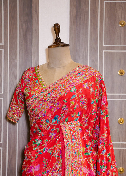 Red Printed Zari Embroidered Designer Saree with Stitched Blouse