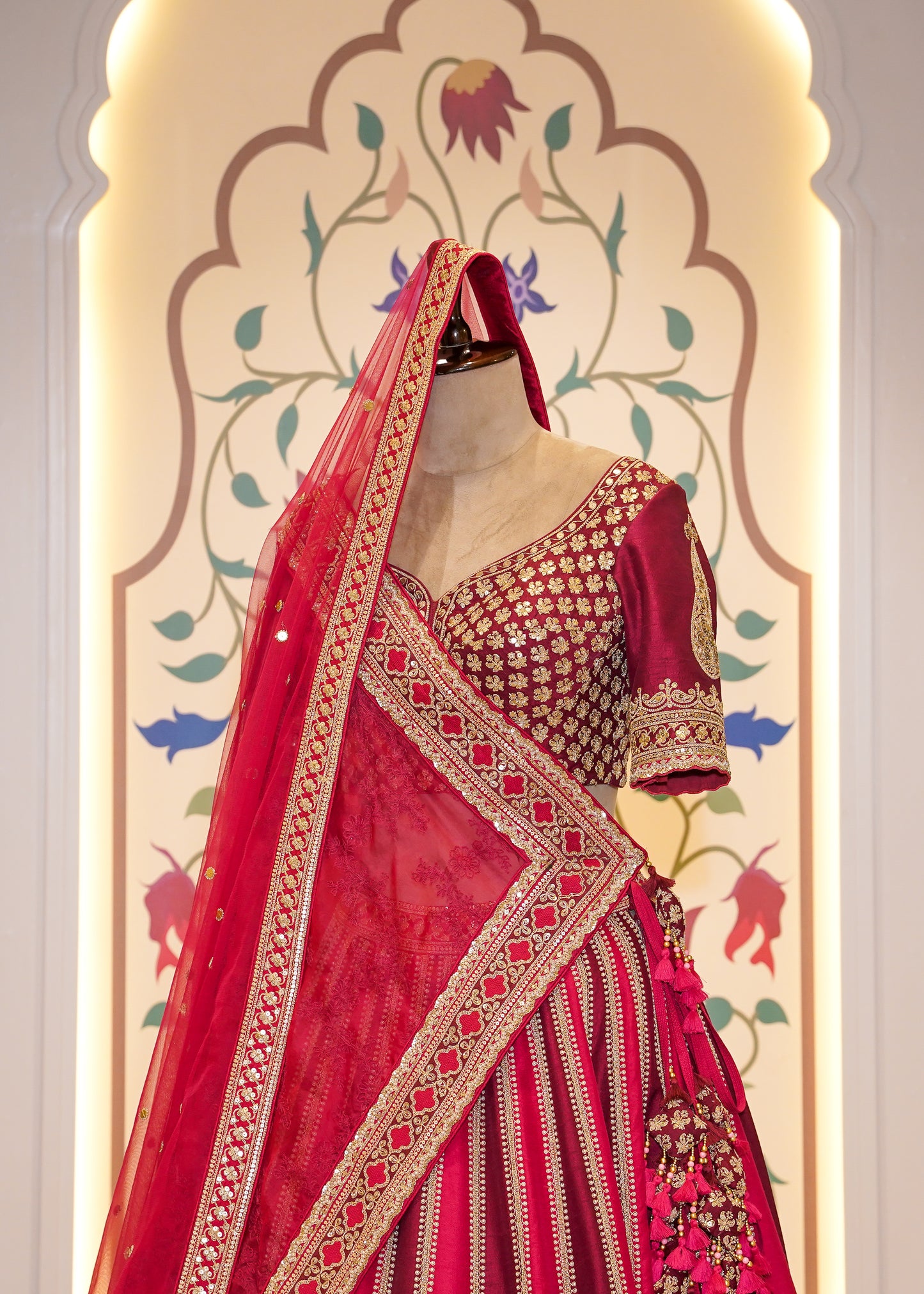 Royal Dual Tone Red & Deep Red Handcrafted Bridal Lehenga with 2 Dupattas