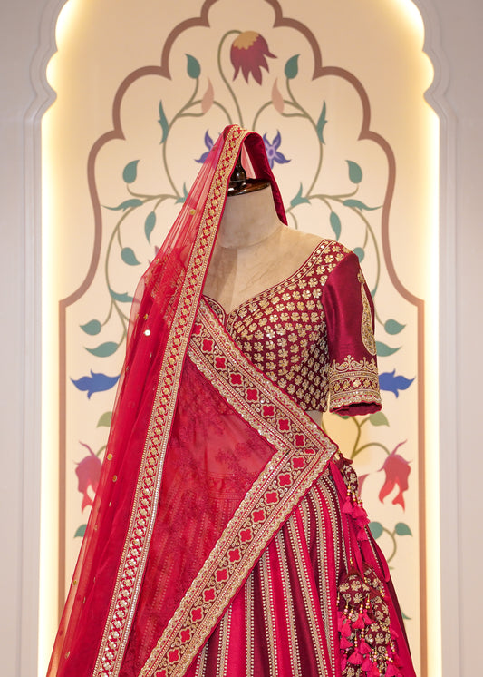 Royal Dual Tone Red & Deep Red Handcrafted Bridal Lehenga with 2 Dupattas