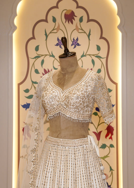 Ivory Silk Mirror Embroidered Half Sleeves Crop Top Skirt Set