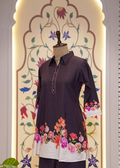 Purple Cotton Printed Co-ord Set with Collars