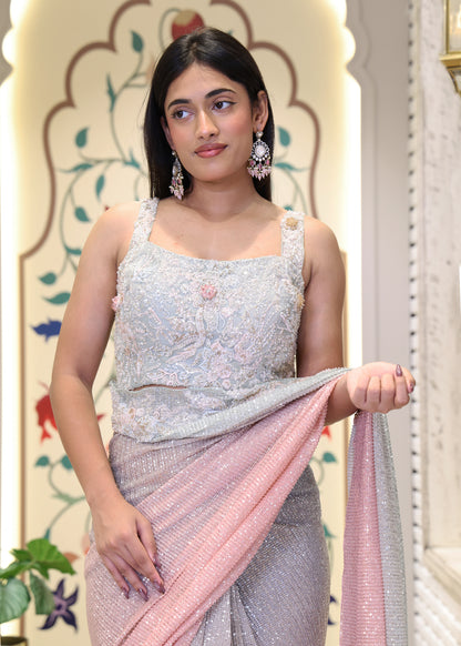 Kashish Ombre Pink & Blue Sequin Saree with Stitched Blouse