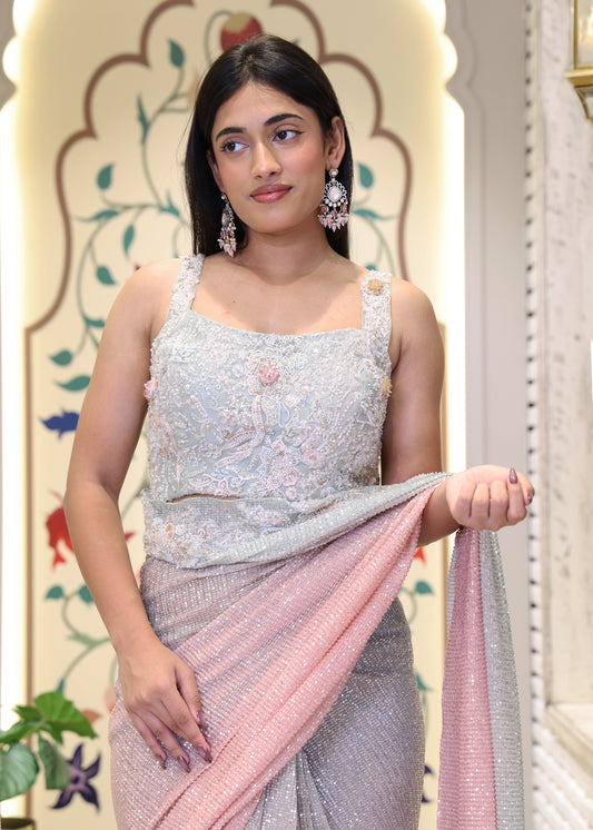 Kashish Ombre Pink & Blue Sequin Saree with Stitched Blouse