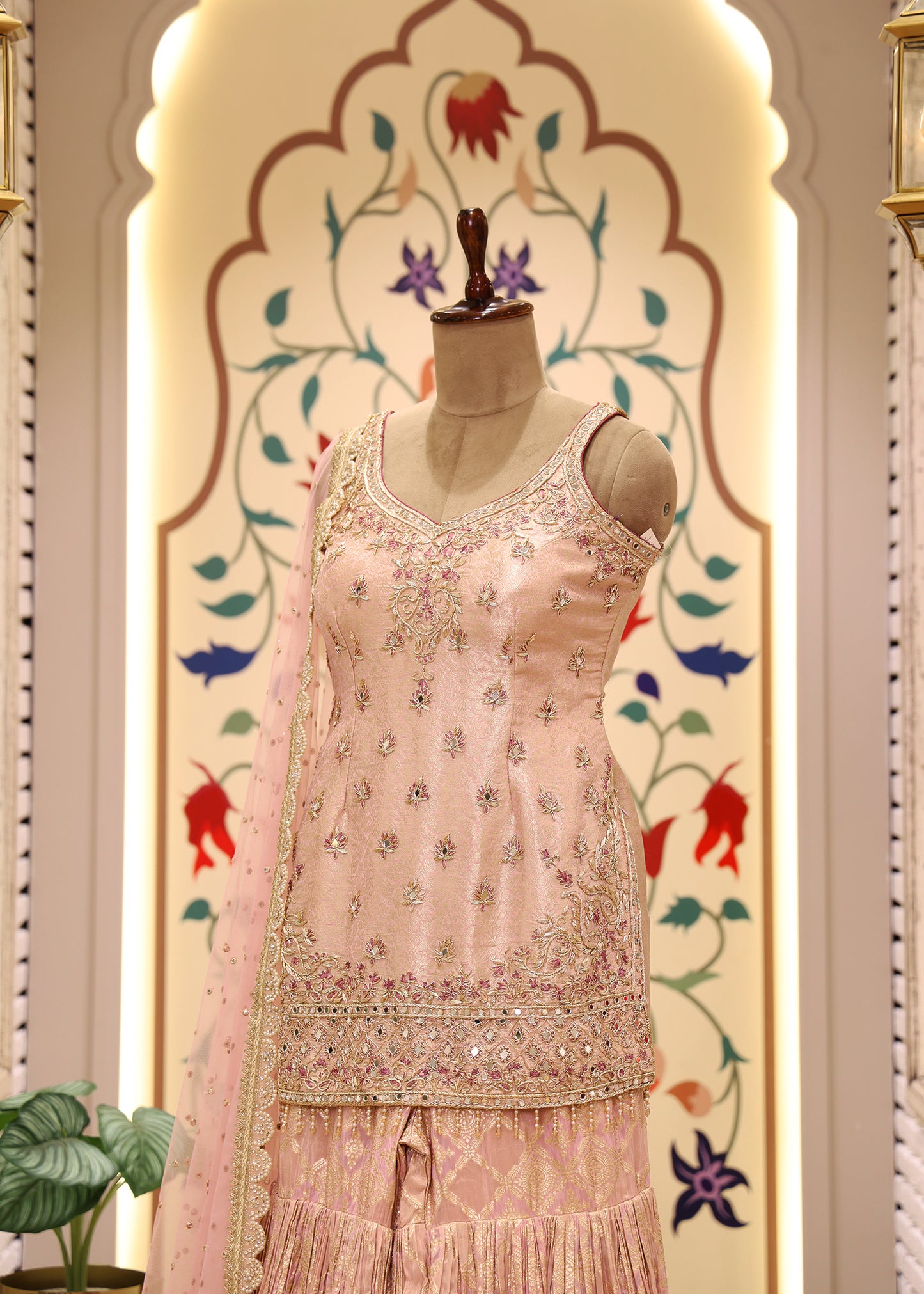 Moti Pearl Pink Short Kurti Sharara Set