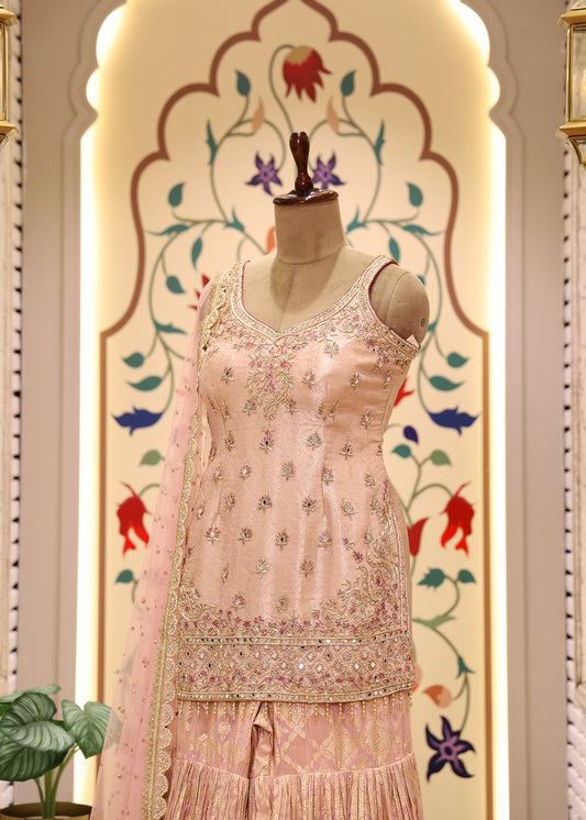 Moti Pearl Pink Short Kurti Sharara Set