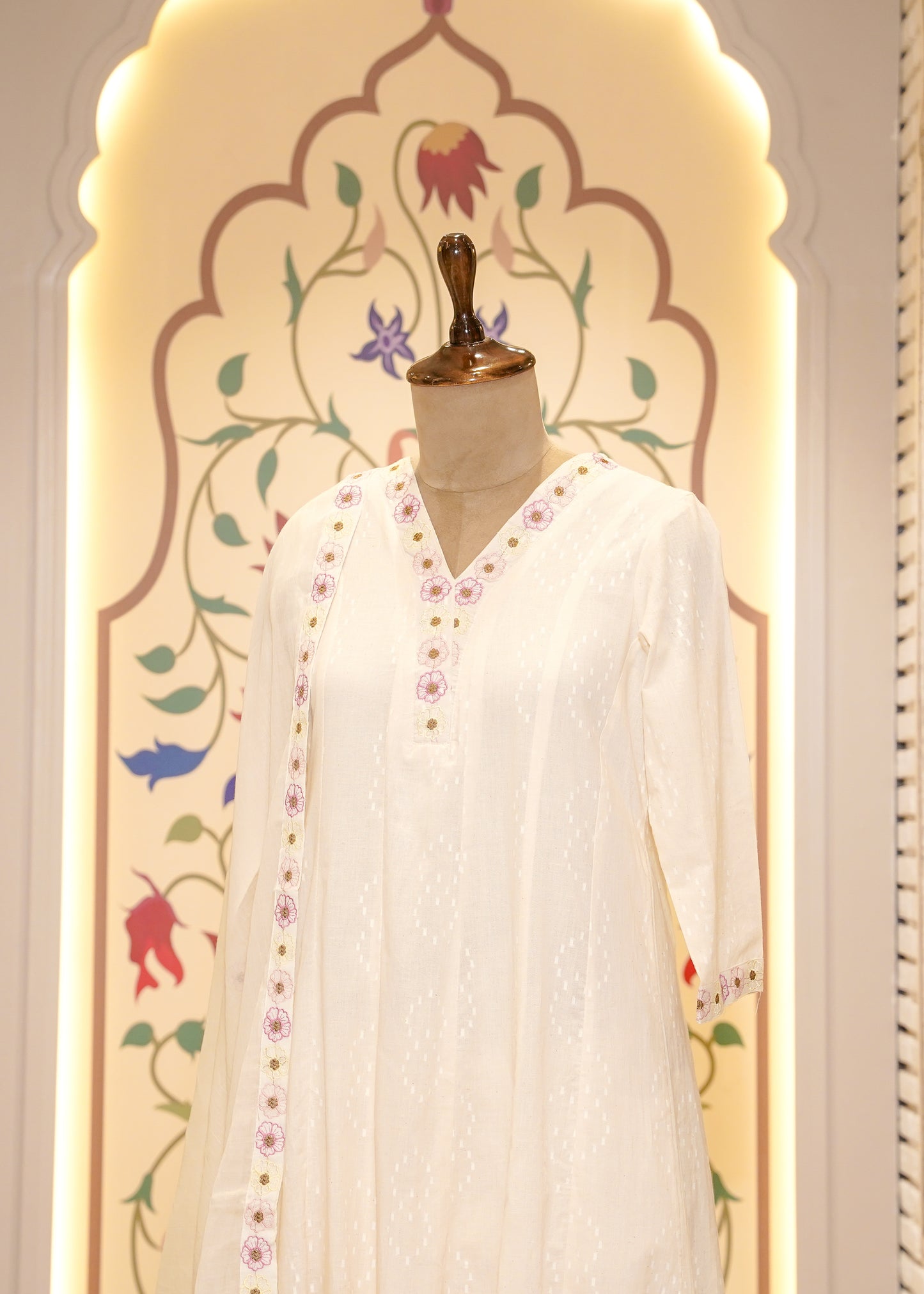 Ivory Cotton Anarkali with Floral Embroidery 3 pc Kurti Set