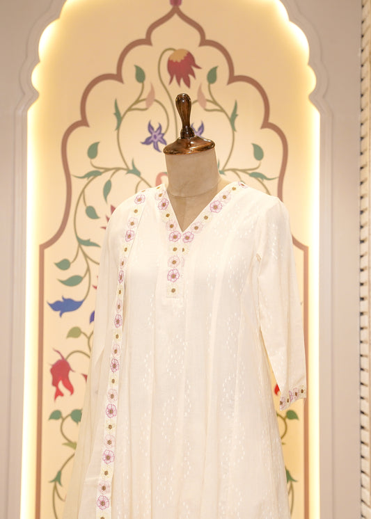 Ivory Cotton Anarkali with Floral Embroidery 3 pc Kurti Set