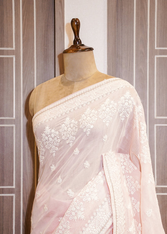 Pink Mul Cotton Thread Embroidered Saree with Unstitched Blouse