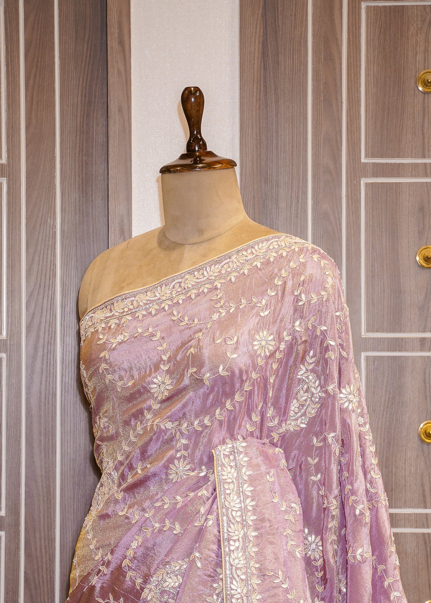 Lavender Hand Embroidered Gota Pati Saree with Unstitched Wine Blouse