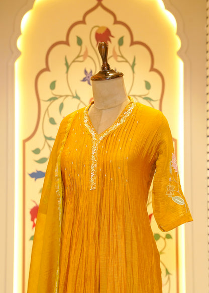 Swaati Mustard 3D flowers Stitched Suit Set