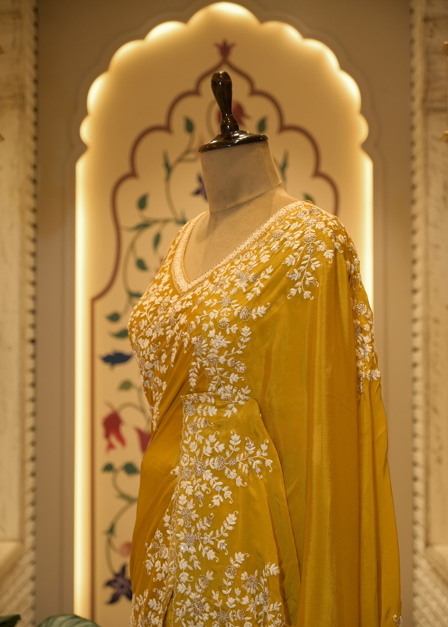 Mustard Chinon Thread Embroidered Saree with Stitched Blouse