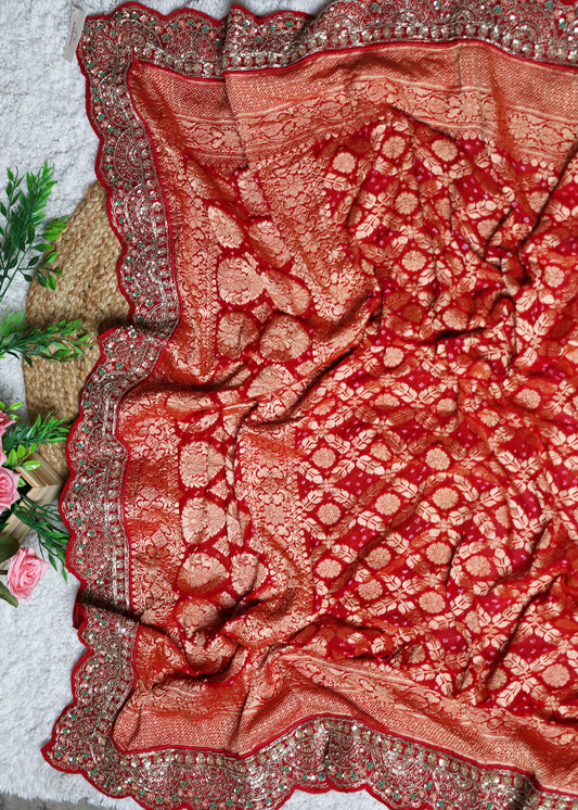 Red Garchola Heavy Border Long Bridal Dupatta