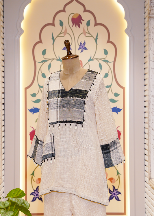 Black & Ivory Cotton Jute Co-ord Set with Shells