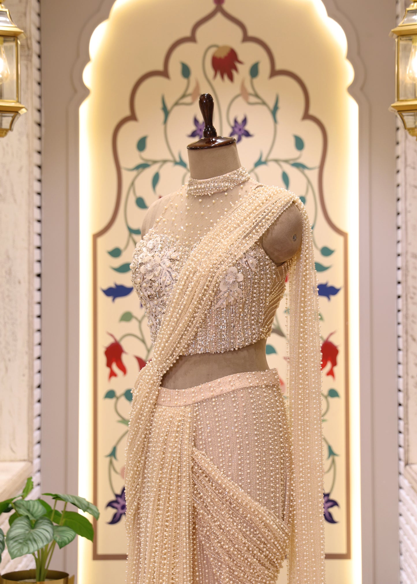 Suzain Ivory Cream Pearl Halter Neck Blouse with Pre Draped Saree
