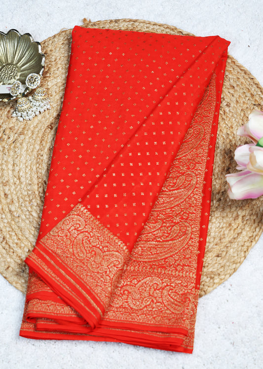 Tarini Orange Banarasi Pure Crepe Saree with Unstitched Blouse
