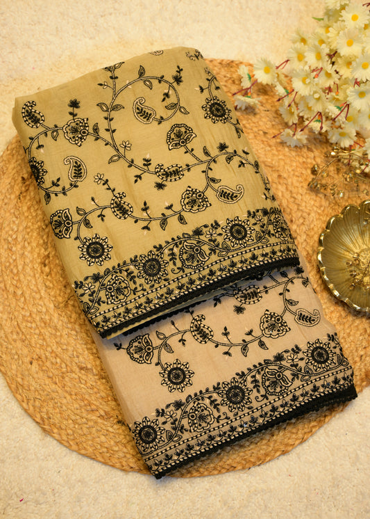 Tuba Beige & Black Aari Work Unstitched Suit Set