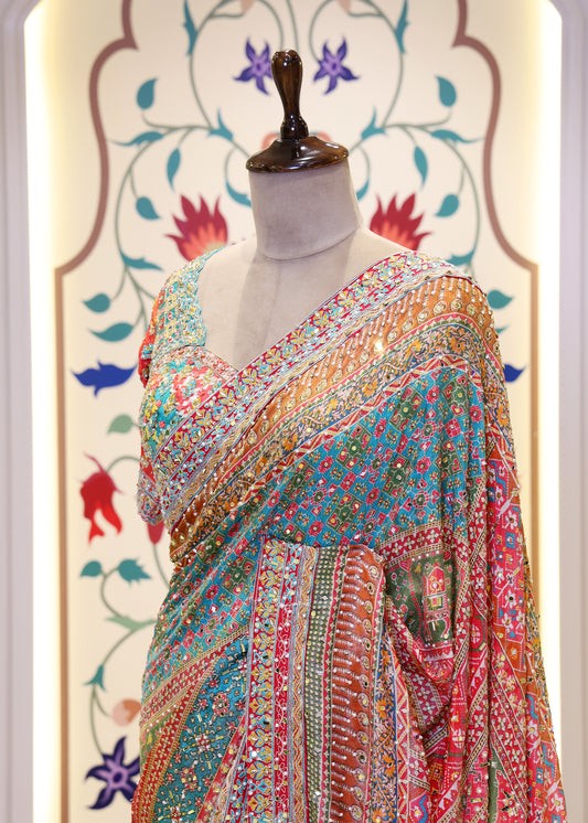 Charvi Firozi Saree with Stitched Blouse