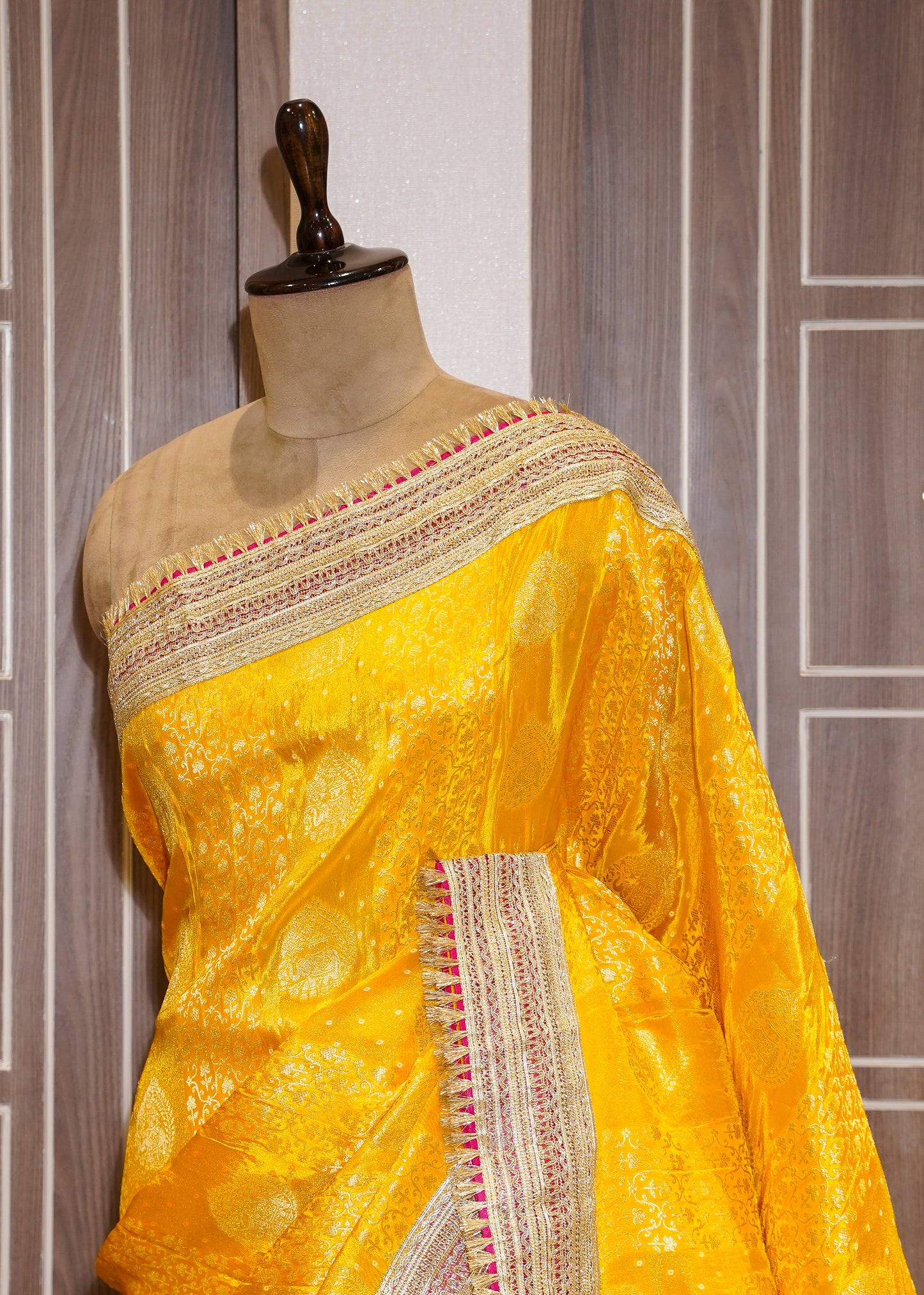 Yellow Tissue Weaving Saree with Gota Lace and Unstitched Blouse