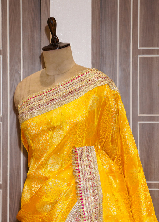 Yellow Tissue Weaving Saree with Gota Lace and Unstitched Blouse