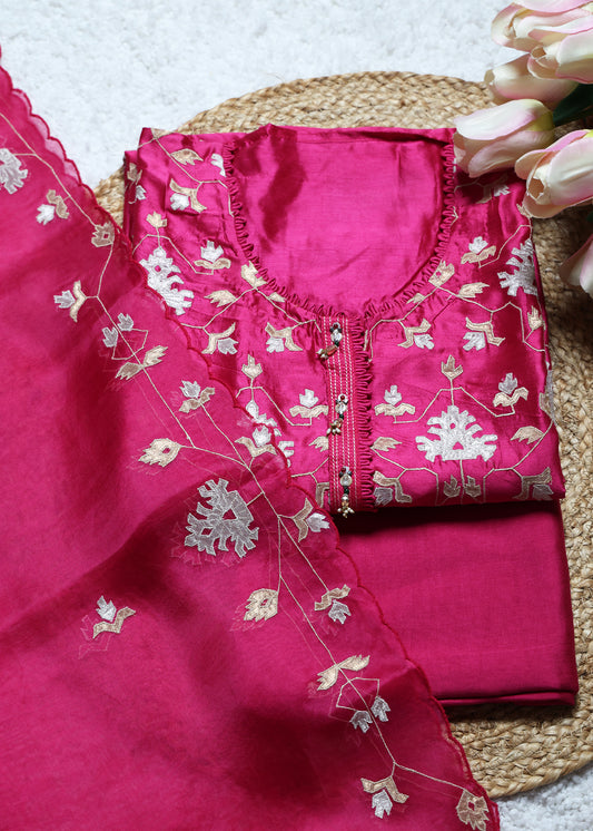 Pakhi Pink Applique Work Unstitched Suit Set
