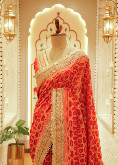 Aanya Fiery Orange-Red Bandhani Silk Saree with Stitched Blouse