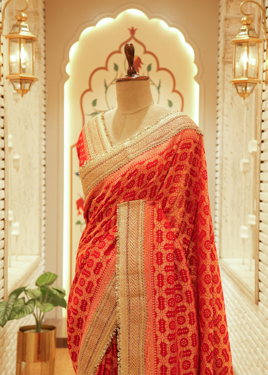 Aanya Fiery Orange-Red Bandhani Silk Saree with Stitched Blouse