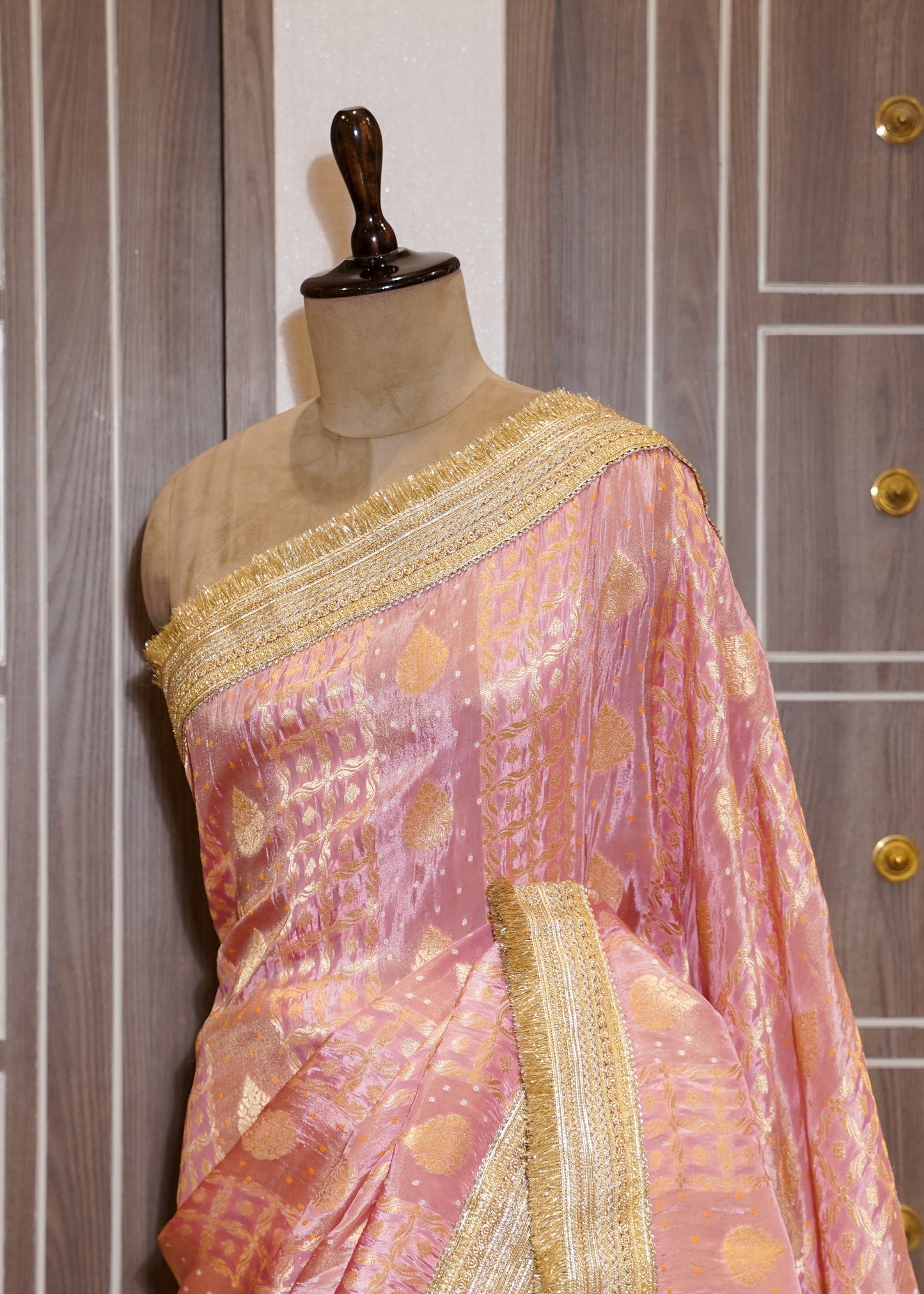 Pink Tissue Weaving Saree with Gota Lace and Unstitched Blouse