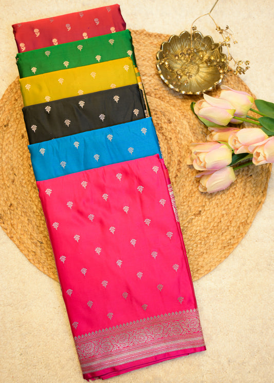 Lime Green Banarasi Kattan Silk Booti Zari Border with Unstitched Blouse