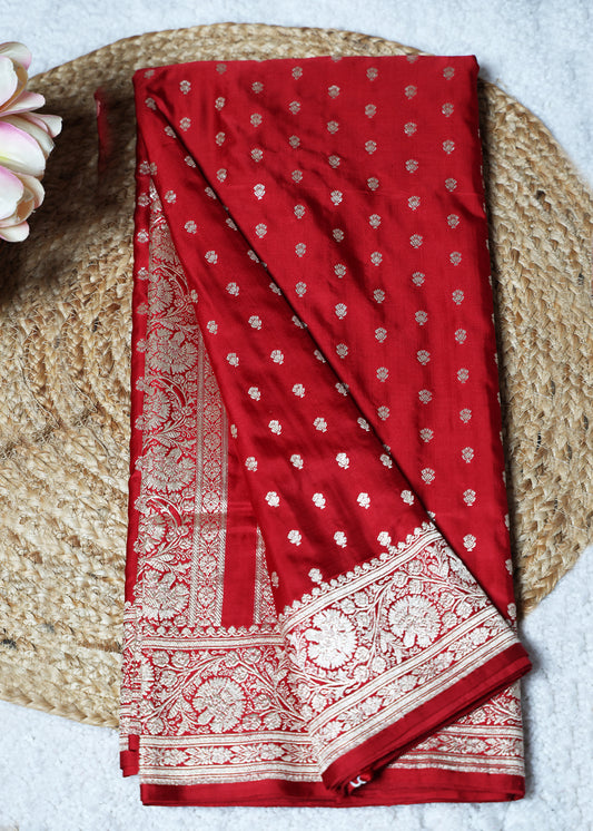 Mehroon Booti & Zari Border Banarasi Saree with Unstitched Blouse