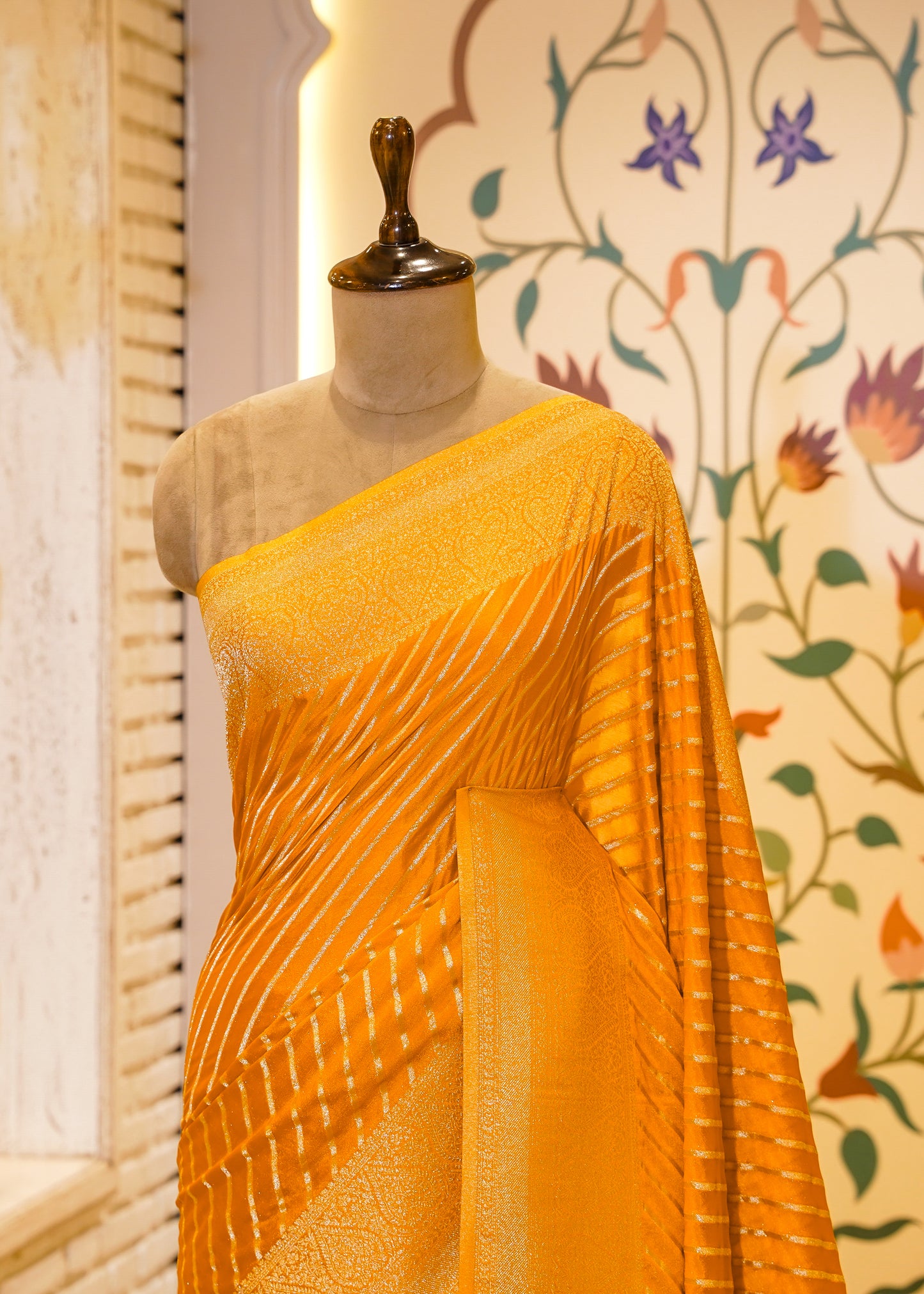 Yellow Chinon Leheriya Saree