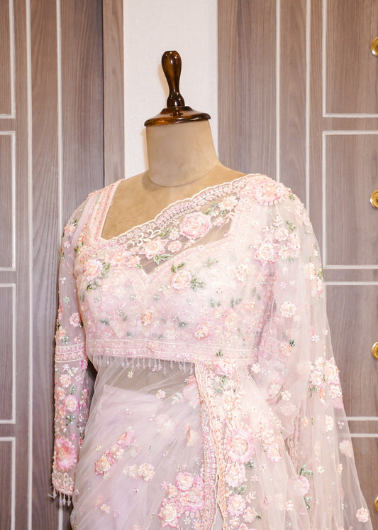 Pink Floral Embroidered Net Saree with Stitched Blouse